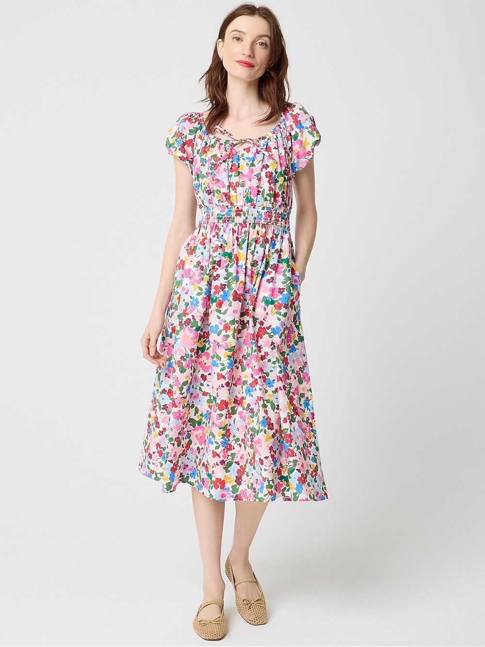 J.Crew Floral Midi Smocked Waist Dress - Pink Multicolor